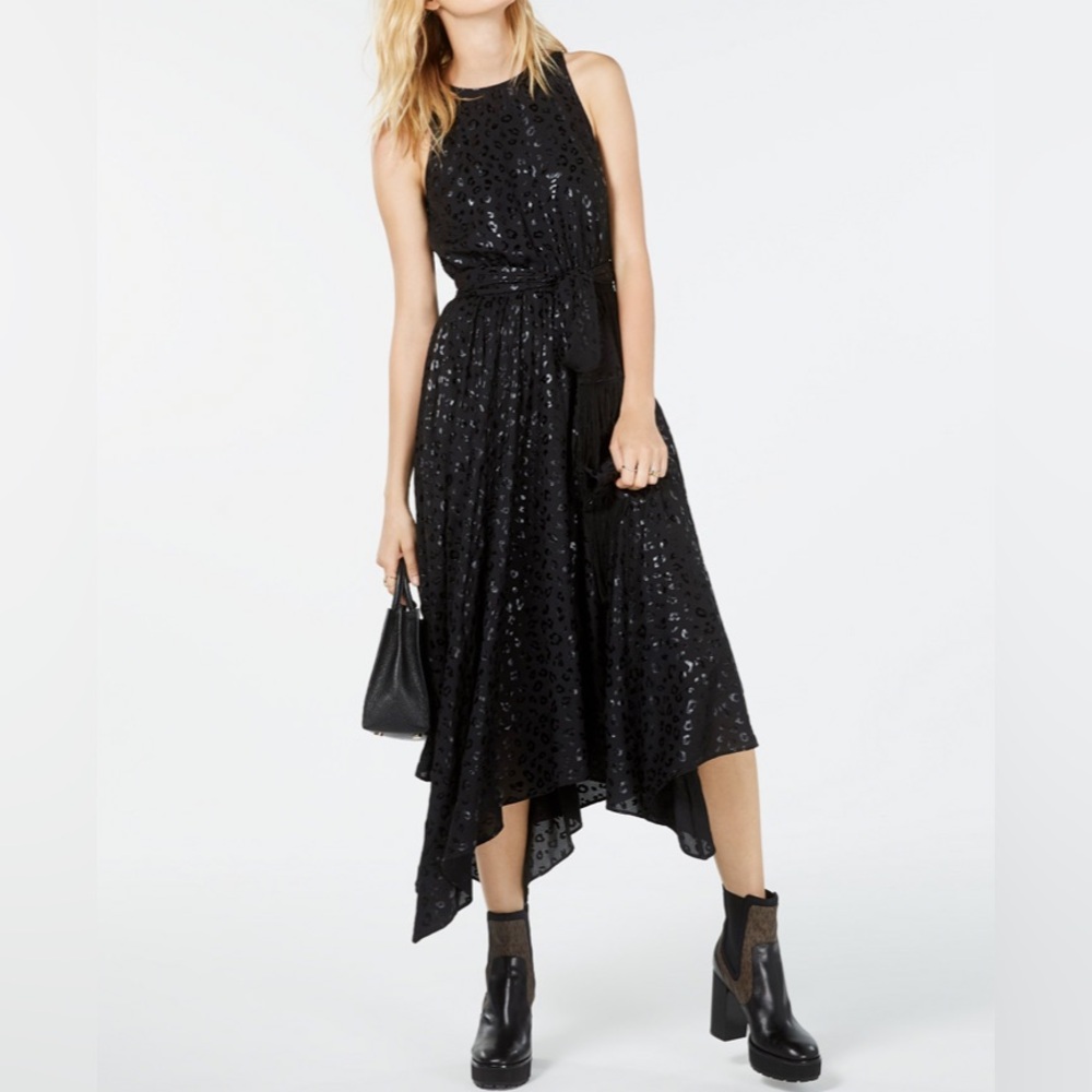 New Michael Kors Animal Print Handkerchief Dress Black Belted Sash Fringe Small
